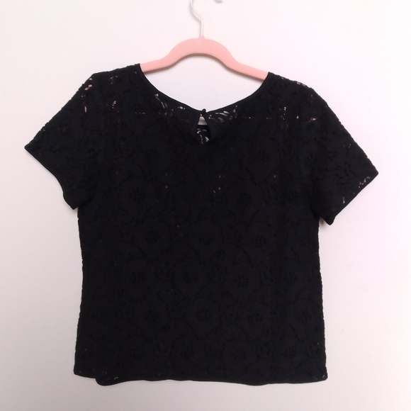 Loft Outlet Sheer Black Floral Lace Short Sleeve Blouse Size Medium - Picture 2 of 7